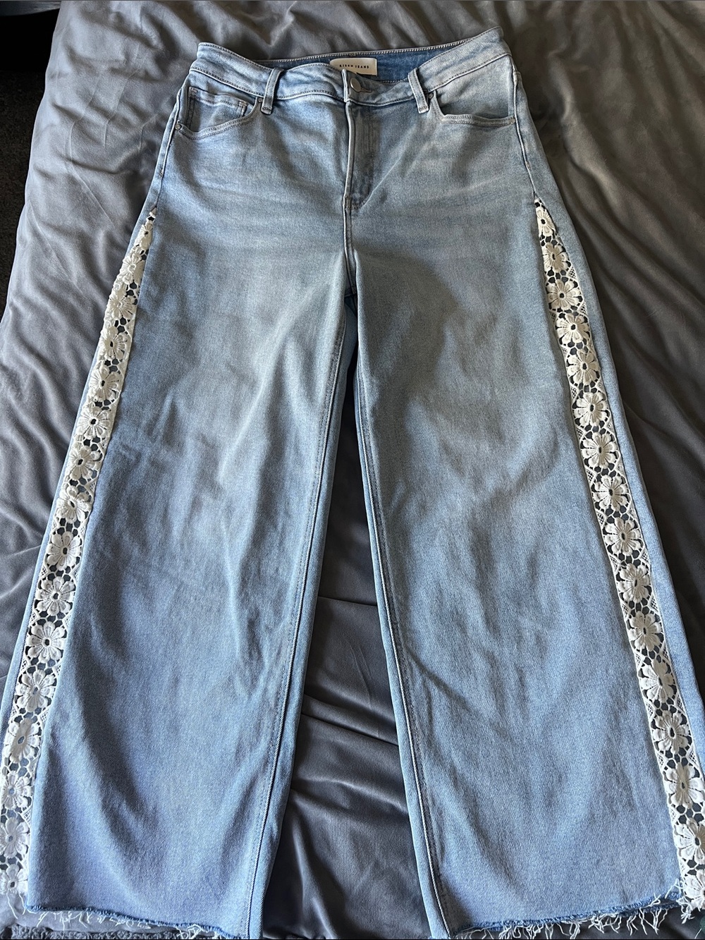 Risen Jeans Light Blue Wide-Leg Jeans with White Floral Lace Trim
